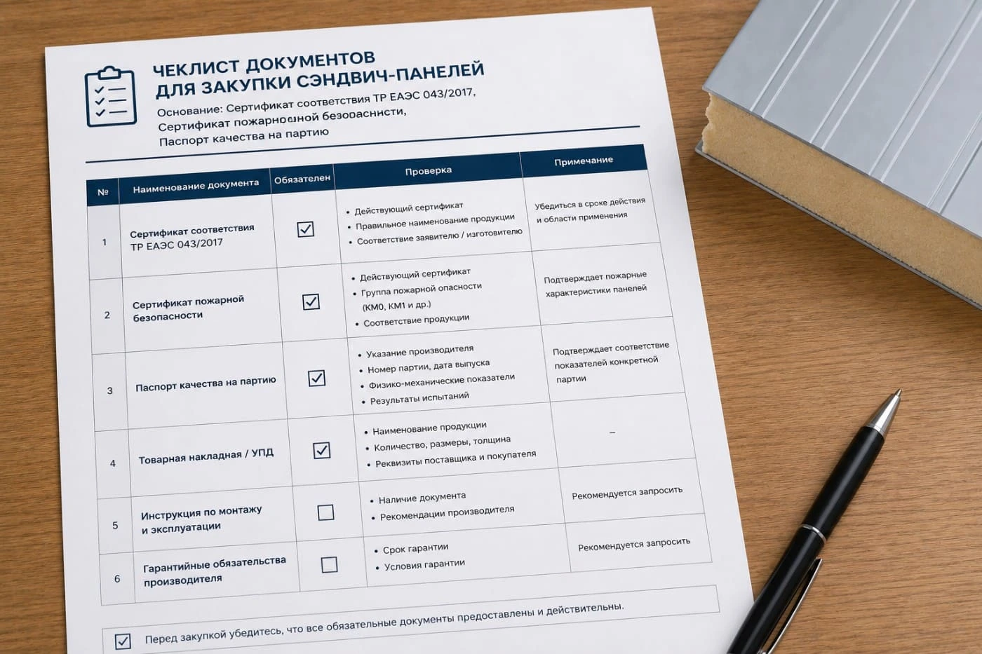 Чеклист документов для закупки сэндвич-панелей